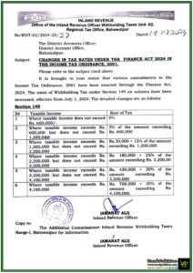 Updated Withholding Tax Rates on Salaries Effective July 2024-Notification of Regional Tax Office, Bahawalpur