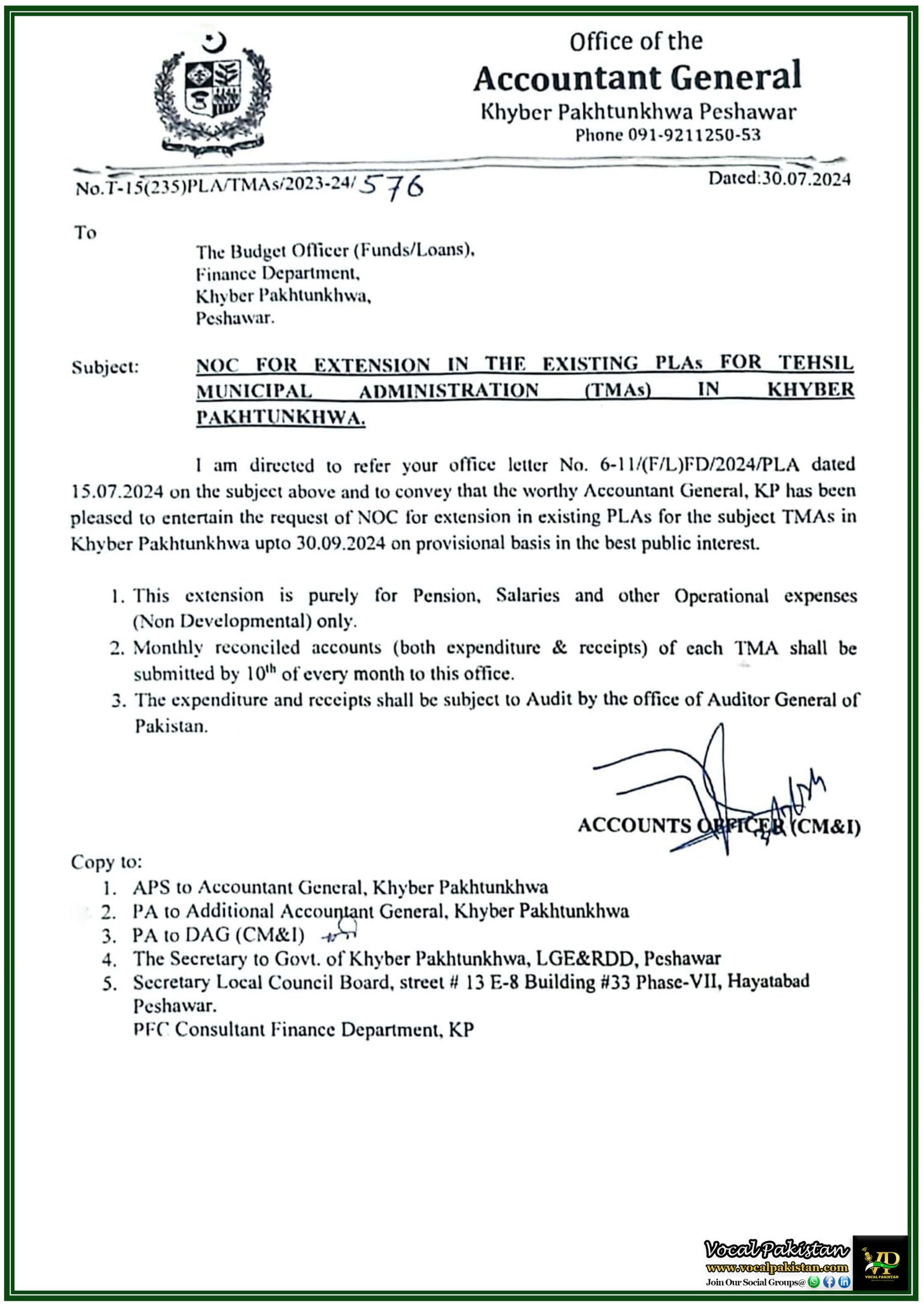 Accountant General KPK Approves PLA Extension for TMAs: Compliance with Monthly Reconciliation and Audit Required-Notification