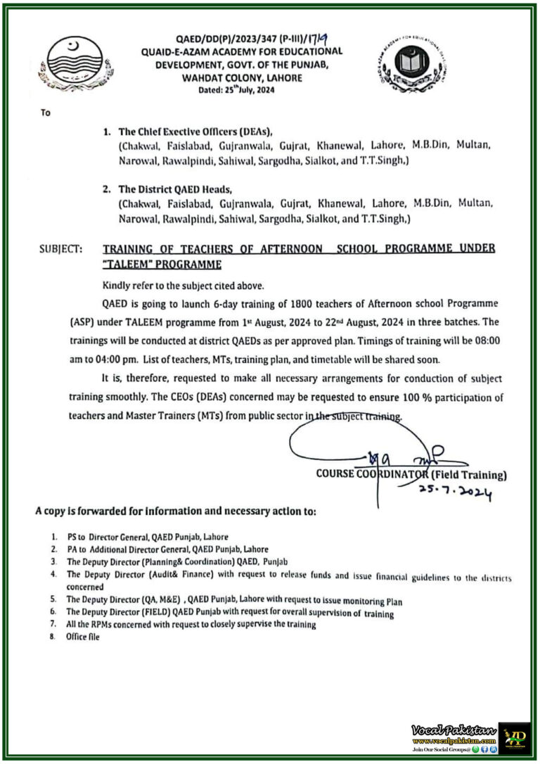 Afternoon School Programme Training Of 1800 ASP Teachers Under TALEEM Programme Announced by QAED Punjab-Notification