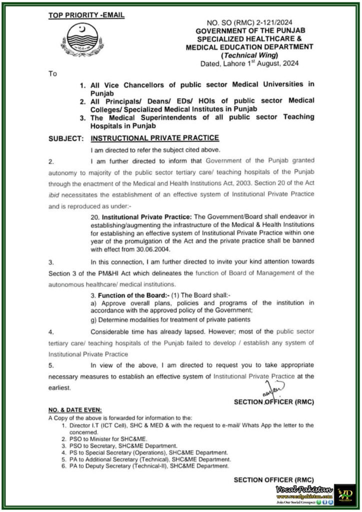 All Deans, VCs, HODs, MS And Others Medical Universities Of Punjab Have Been Banned From Doing Private Practice- Notification