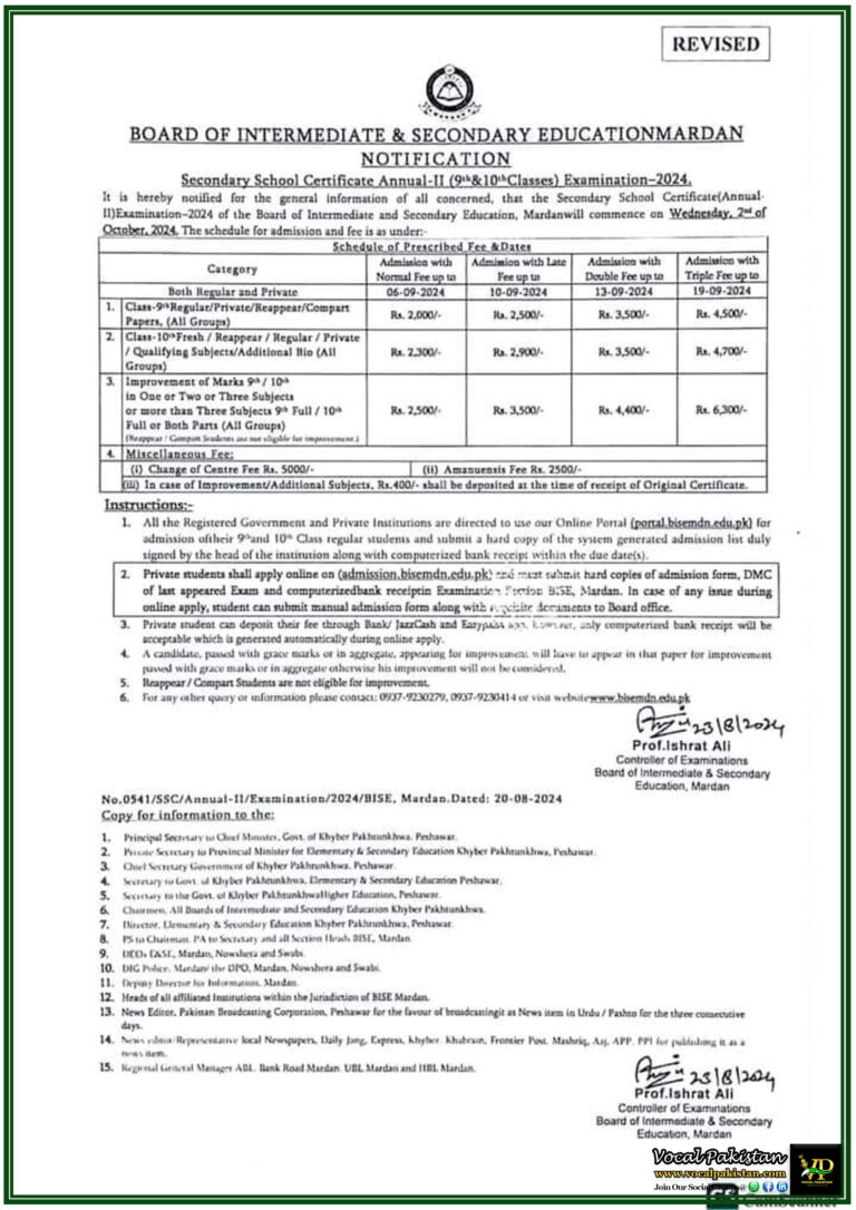 BISE Mardan issue Revised Notification of Extension in Last Date of Matric Admission