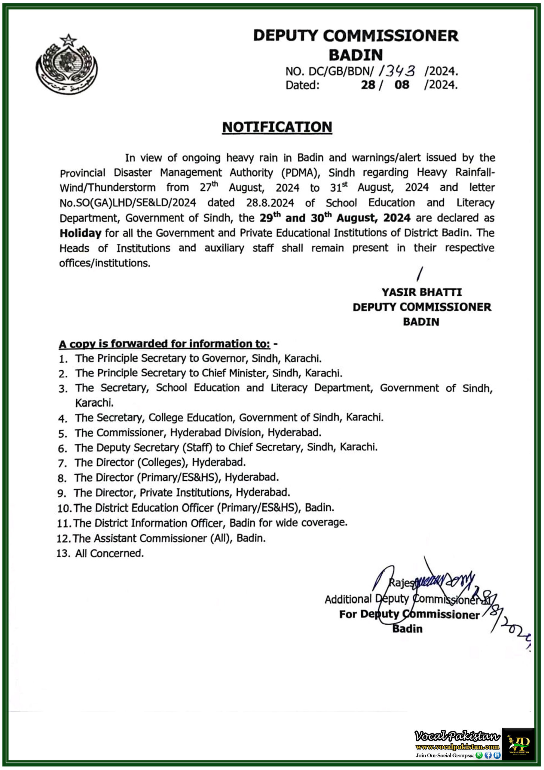 Local Holiday 3 Badin Schools Closed on 29th and 30th August 2024 Due to Heavy Rainfall Alert Official Notification