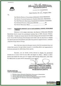 Balochistan Education Directorate Issues Provisional Seniority List of SSTs Submit Queries by 31st August 2024-Notification
