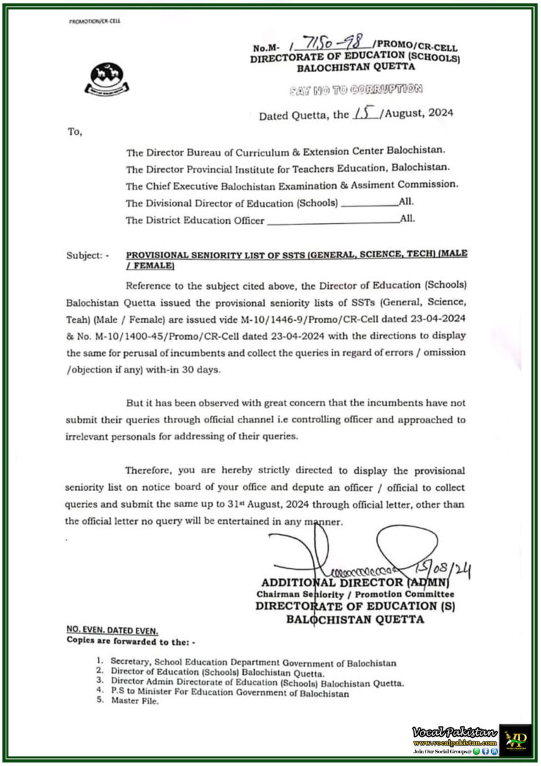 Balochistan Education Directorate Issues Provisional Seniority List of SSTs Submit Queries by 31st August 2024-Notification