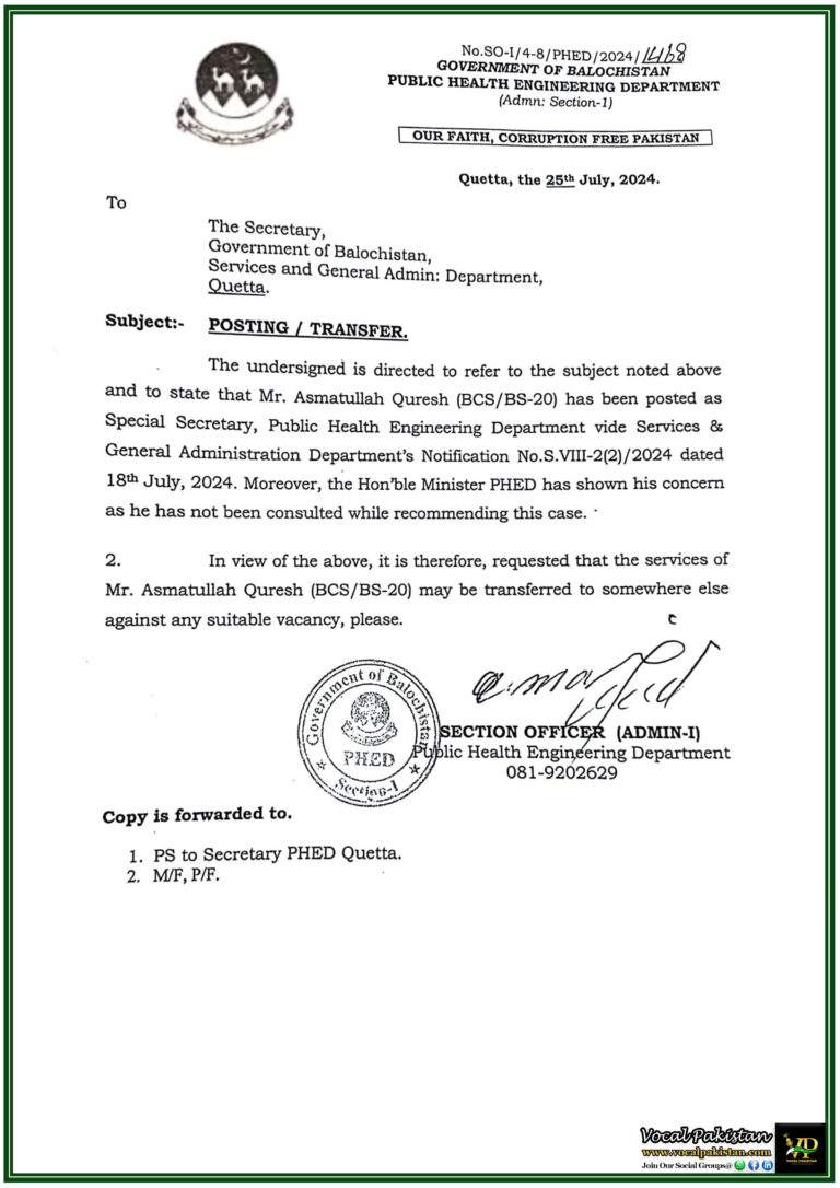 Balochistan PHED Minister Raises Concern Over Transfer of Asmatullah Quresh as Special Secretary-Notification