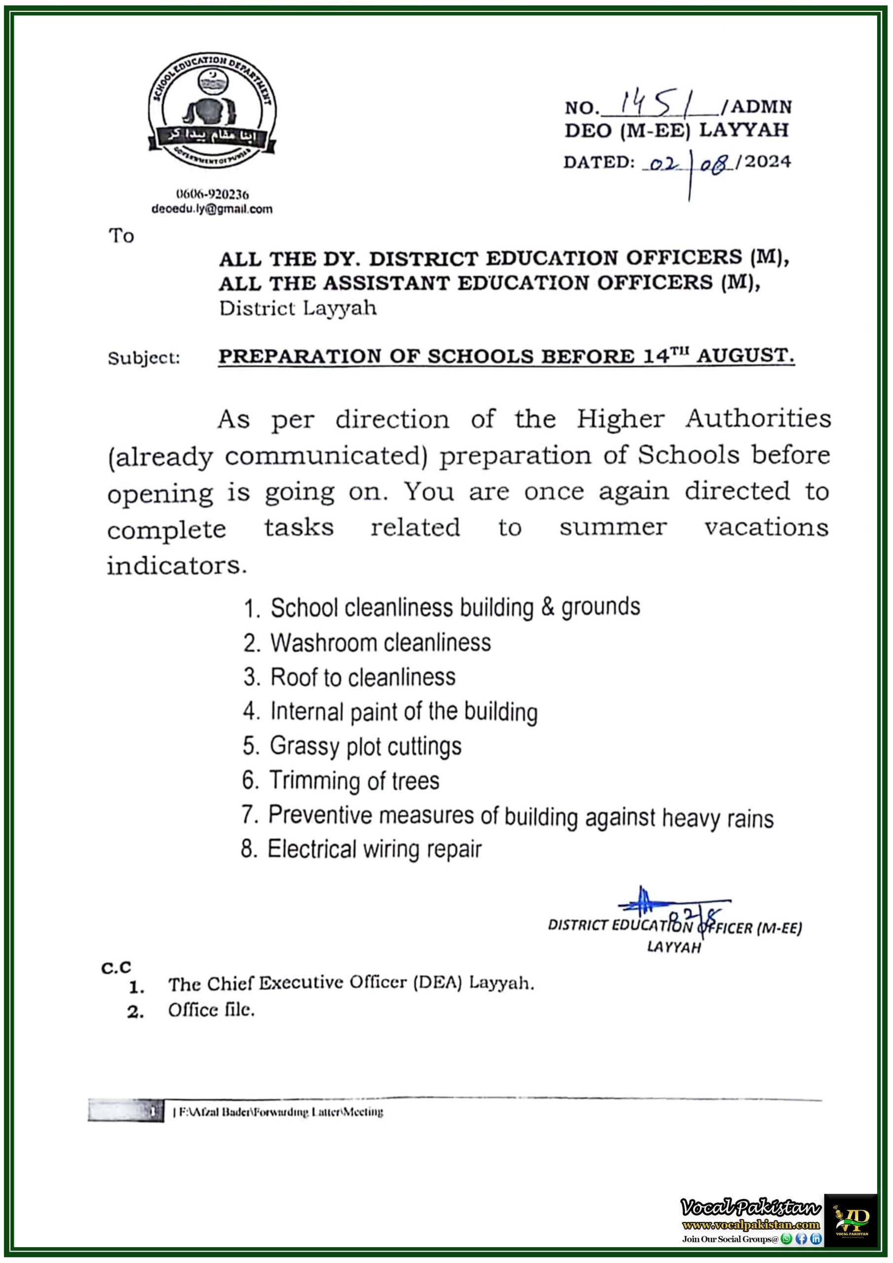 DEO Layyah Issues School Readiness Checklist Essential Tasks Before Reopening on August 14th, 2024-Notification