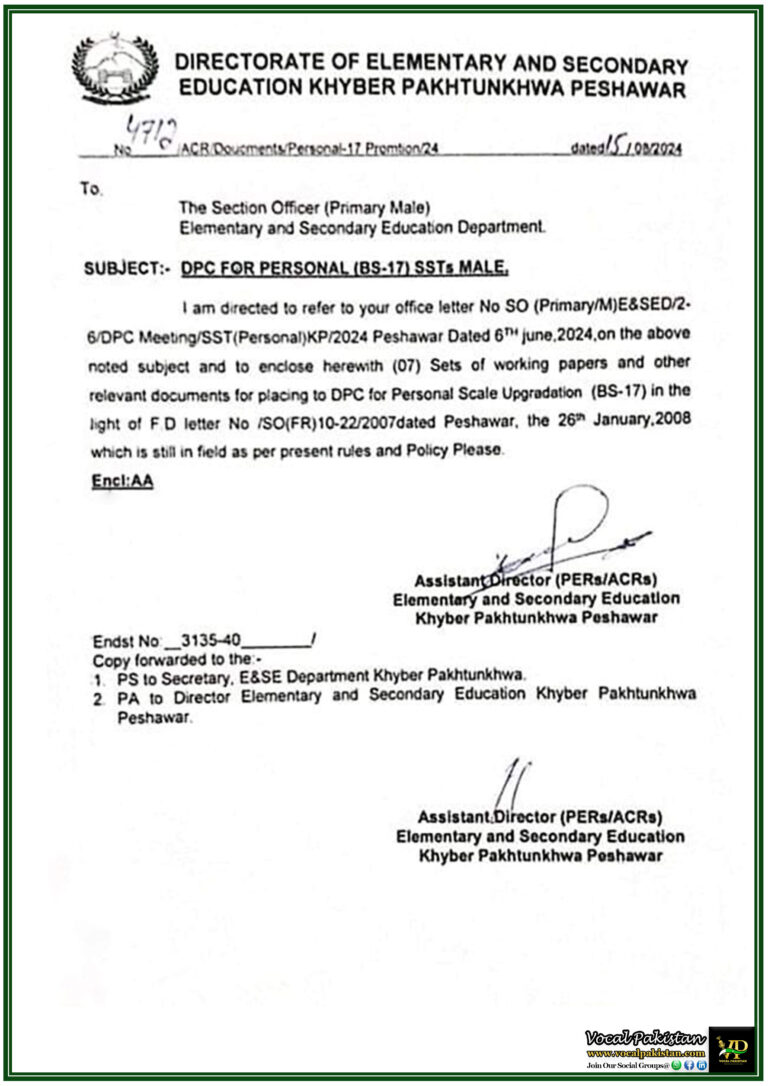 DPC Proceedings for Upgradation of Male SSTs (BS-17) in Khyber Pakhtunkhwa's Elementary & Secondary Education-Notification