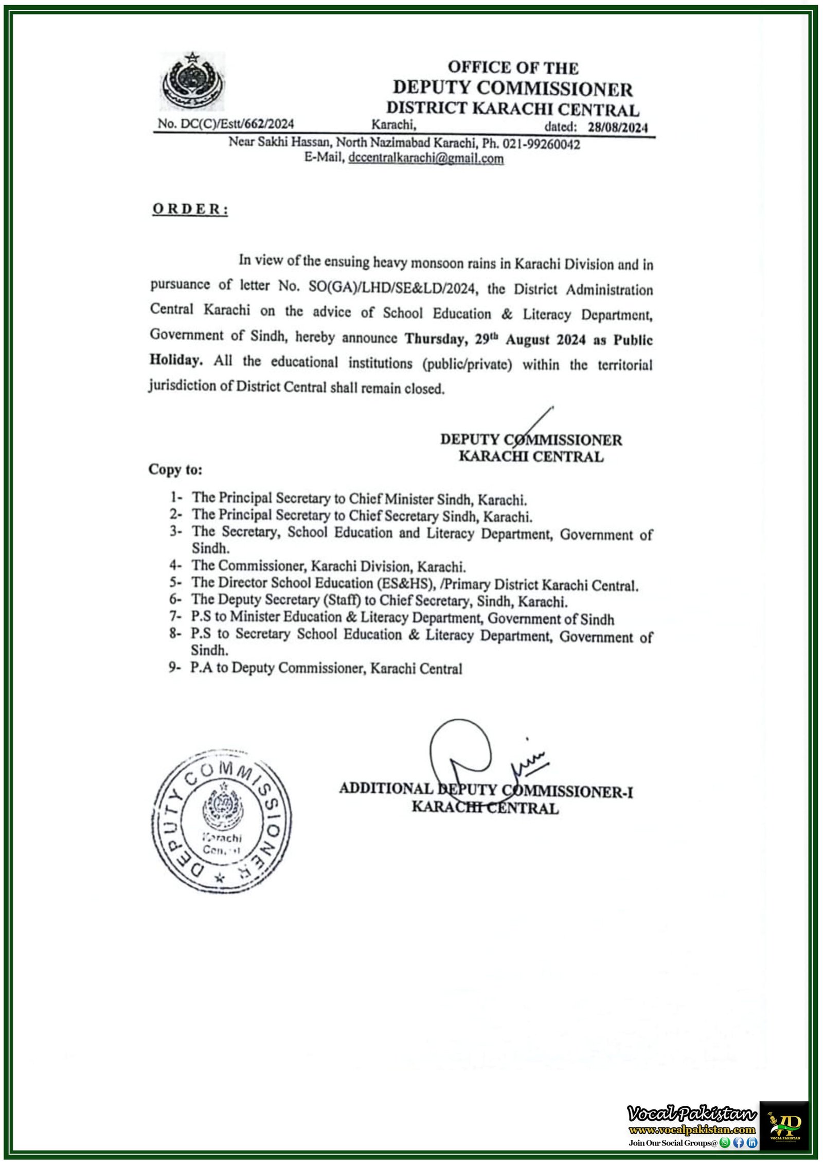 Deputy Commissioner District Karachi Central Declares Public Holiday Due to Monsoon Rains: Schools Closed on August 29th 2024-Notification