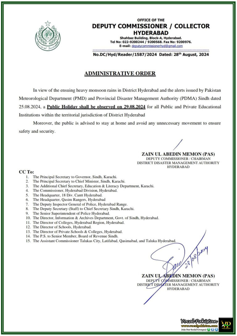 Deputy Commissioner Hyderabad Declares Public Holiday Amidst Monsoon Rain Warnings Schools and Colleges Closed on 29th August 2024-Notification