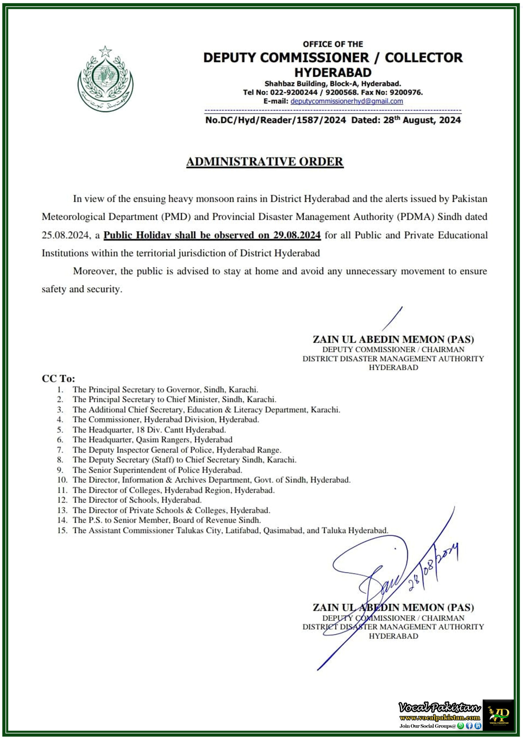Local Holiday 7 Deputy Commissioner Hyderabad Declares Public Holiday Amidst Monsoon Rain Warnings Schools and Colleges Closed on 29th August 2024-Notification