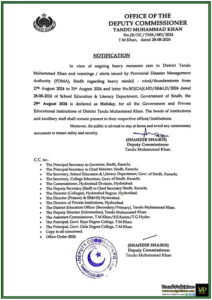 Deputy Commissioner Tando Muhammad Khan District Declared Schools Closure on 29th August 2024 Amid Heavy Rains, Flooding and Landslide Warnings-Notification