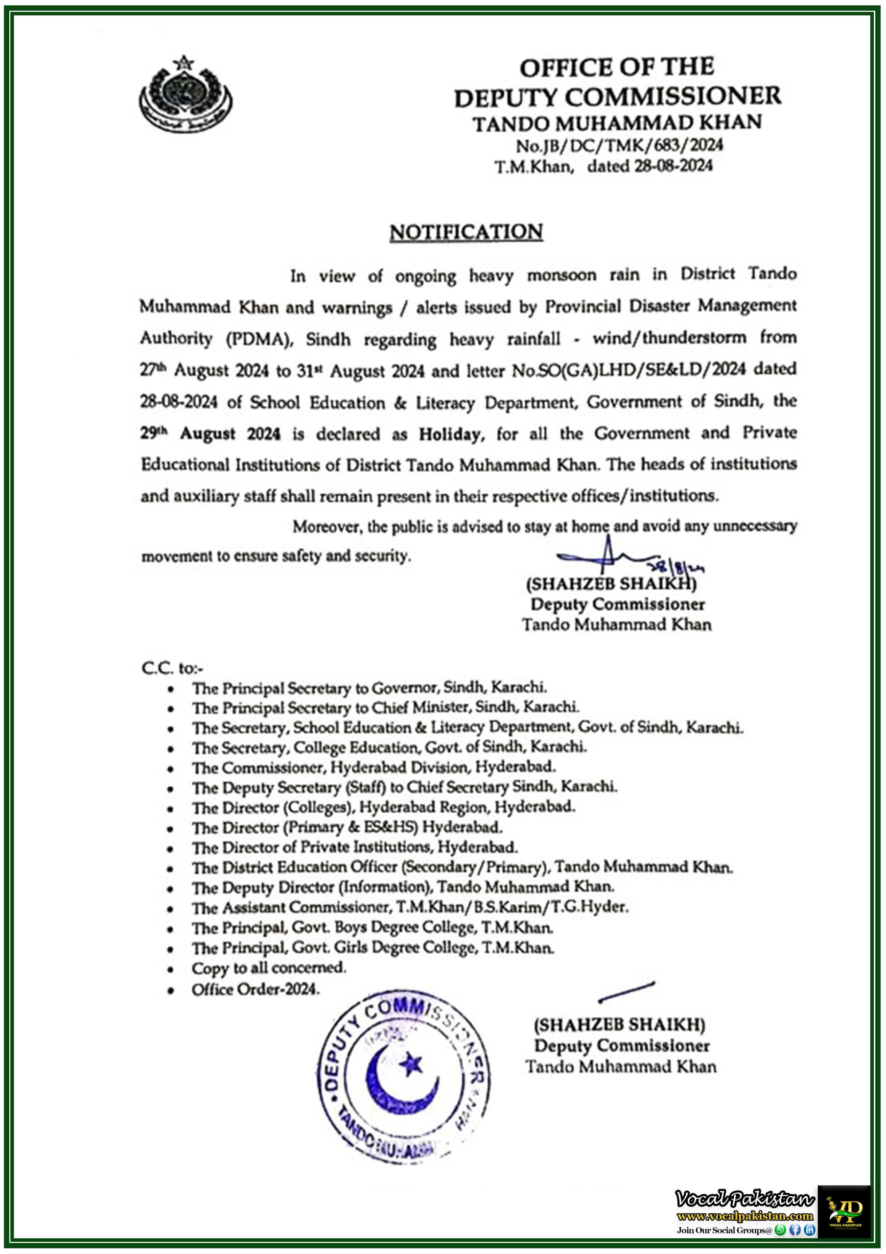 Local Holiday 4 Deputy Commissioner Tando Muhammad Khan District Declared Schools Closure on 29th August 2024 Amid Heavy Rains, Flooding and Landslide Warnings-Notification