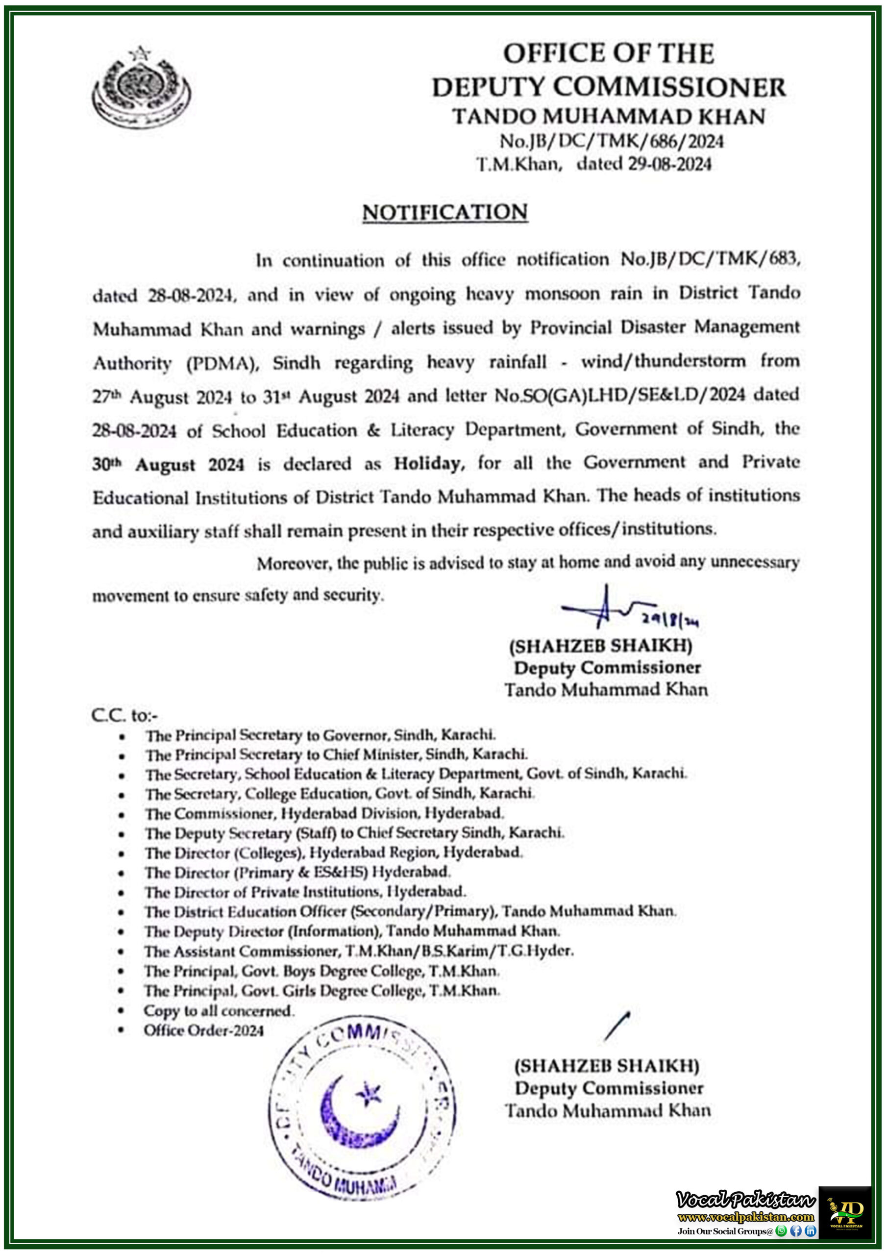 Local Holiday 9 Deputy Commissioner Tando Muhammad Khan District Declared Schools Closure on 30th August 2024 Amid Heavy Rains, Flooding and Landslide Warnings-Notification