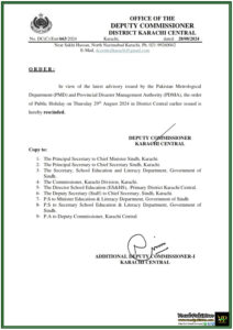 Deputy Director Karachi Central Cancels 29th August Public Holiday Amid PMD & PDMA Advisory-Notification