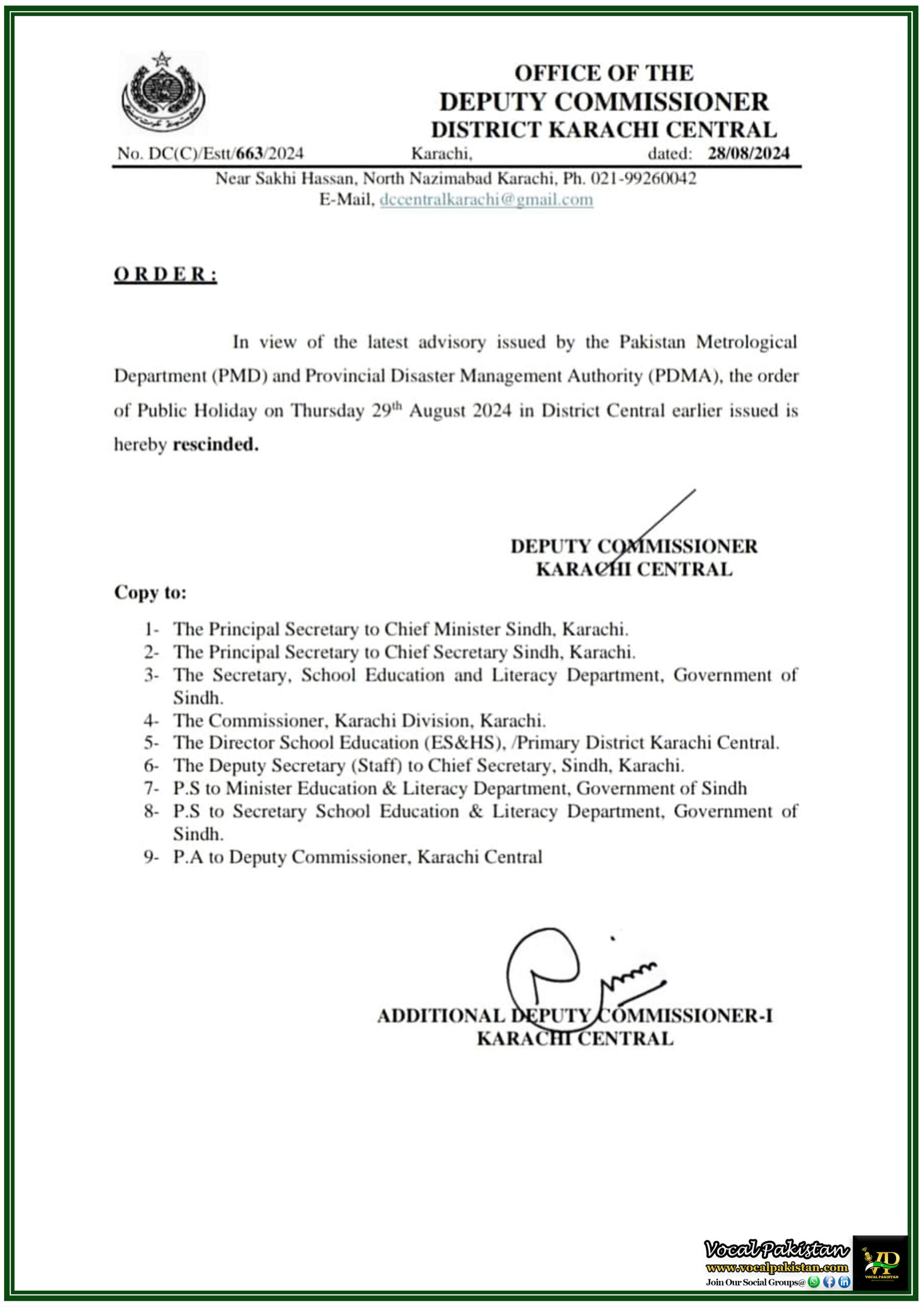 Local Holiday 8 Deputy Director Karachi Central Cancels 29th August Public Holiday Amid PMD & PDMA Advisory-Notification