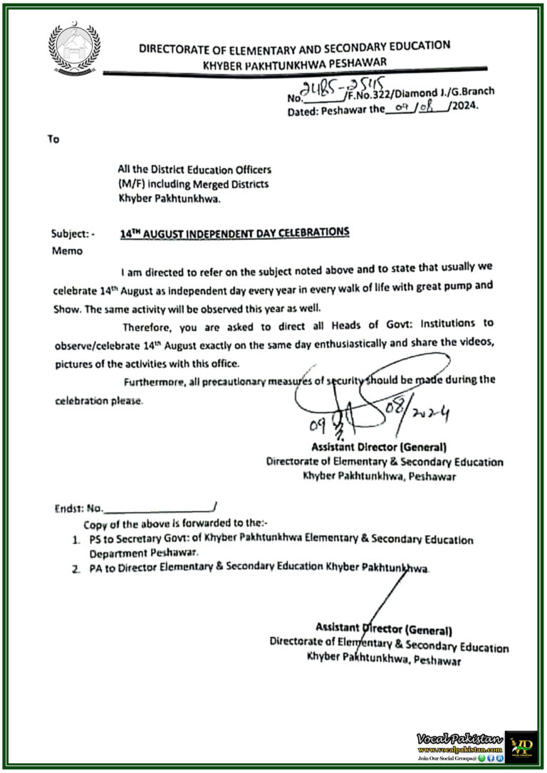 Directive Issued for Grand Observance of Independence Day in Khyber Pakhtunkhwa Schools Security Measures Emphasized-Notification