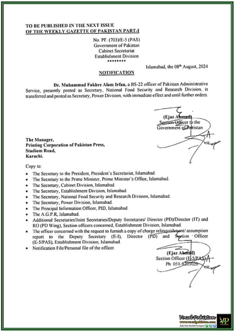 Dr. Muhammad Fakhre Alam Irfan Appointed as Secretary, Power Division by Establishment Divisio-Notification