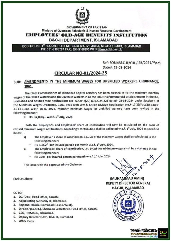 EOBI Issues Circular on Minimum Wage Hike to Rs. 37,000 for Unskilled Workers in Islamabad-Notification