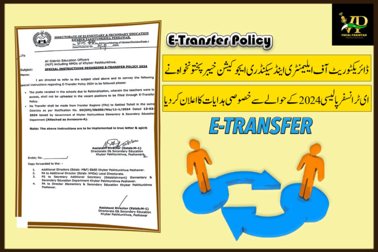 E&SED Khyber Pakhtunkhwa Issues Crucial Guidelines on E-Transfer Policy 2024-Notification