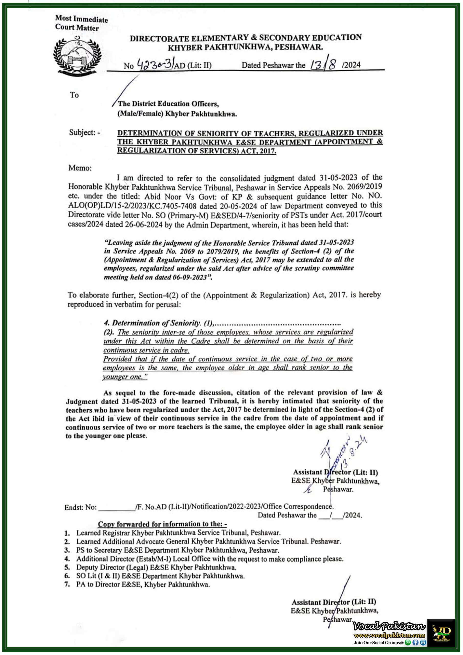 Rule & Regulation 10 Education Department Khyber Pakhtunkhwa Clarifies Seniority Rules for Regularized Teachers Under 2017 Act-Notification