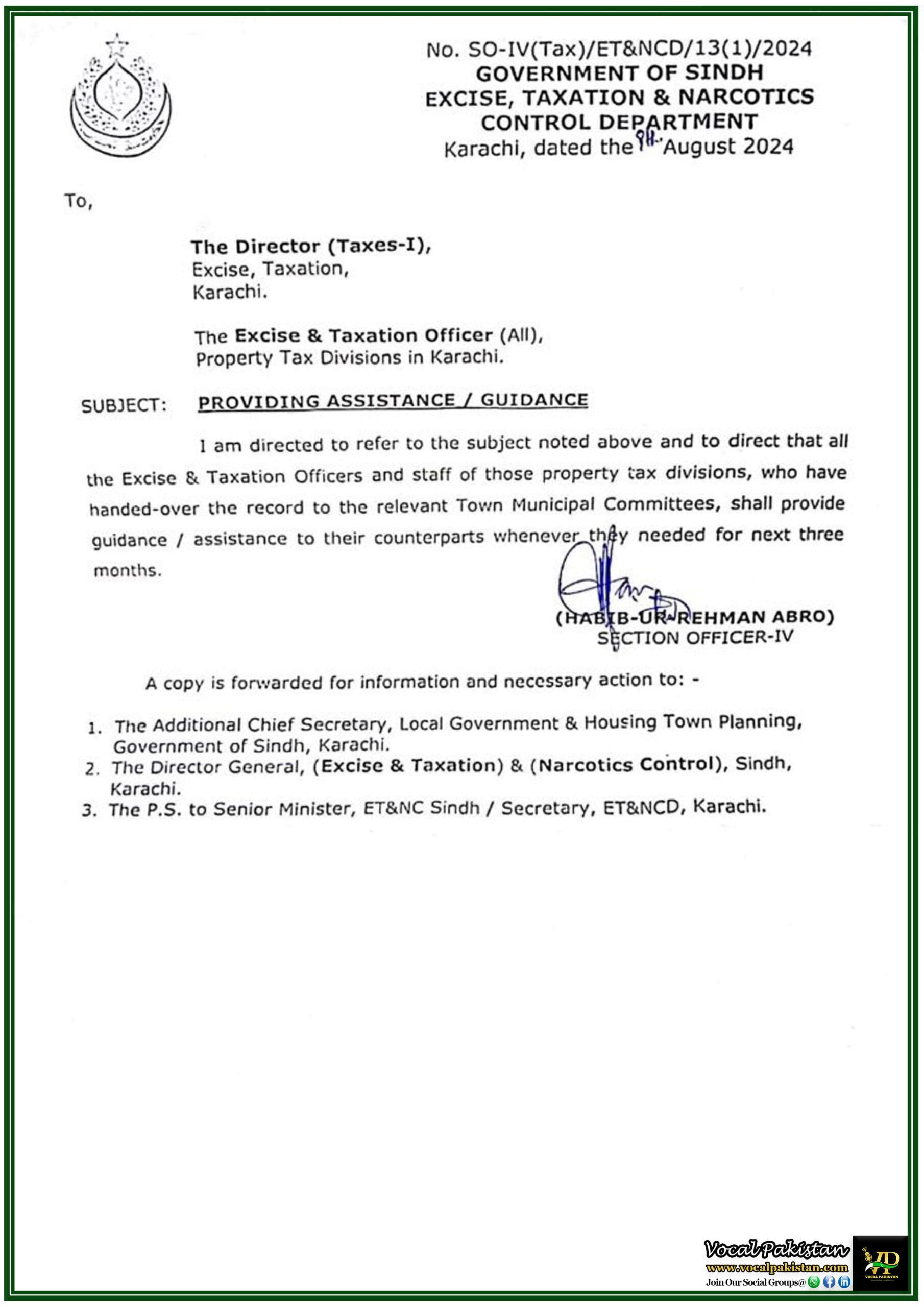Excise & Taxation Officers in Sindh to Provide Guidance to Municipal Committees Following Record Handover-Notification