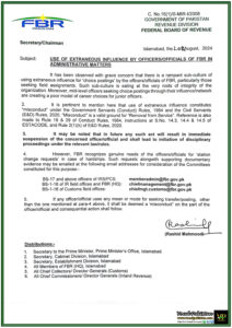 Federal Board of Revenue Issues Strict Warning Against Misconduct in Field Postings-Notification