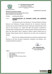 Federal Directorate of Education Introduces Saturday Remedial Classes from August 10, 2024-Notification