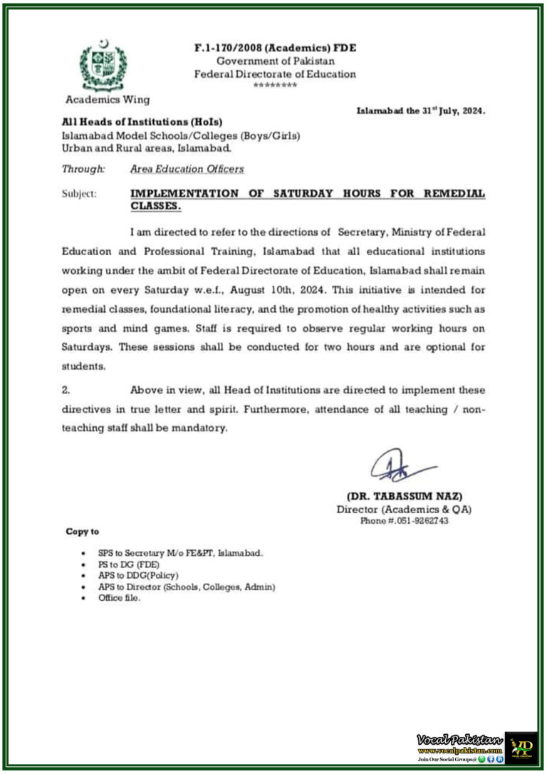 Federal Directorate of Education Introduces Saturday Remedial Classes from August 10, 2024-Notification