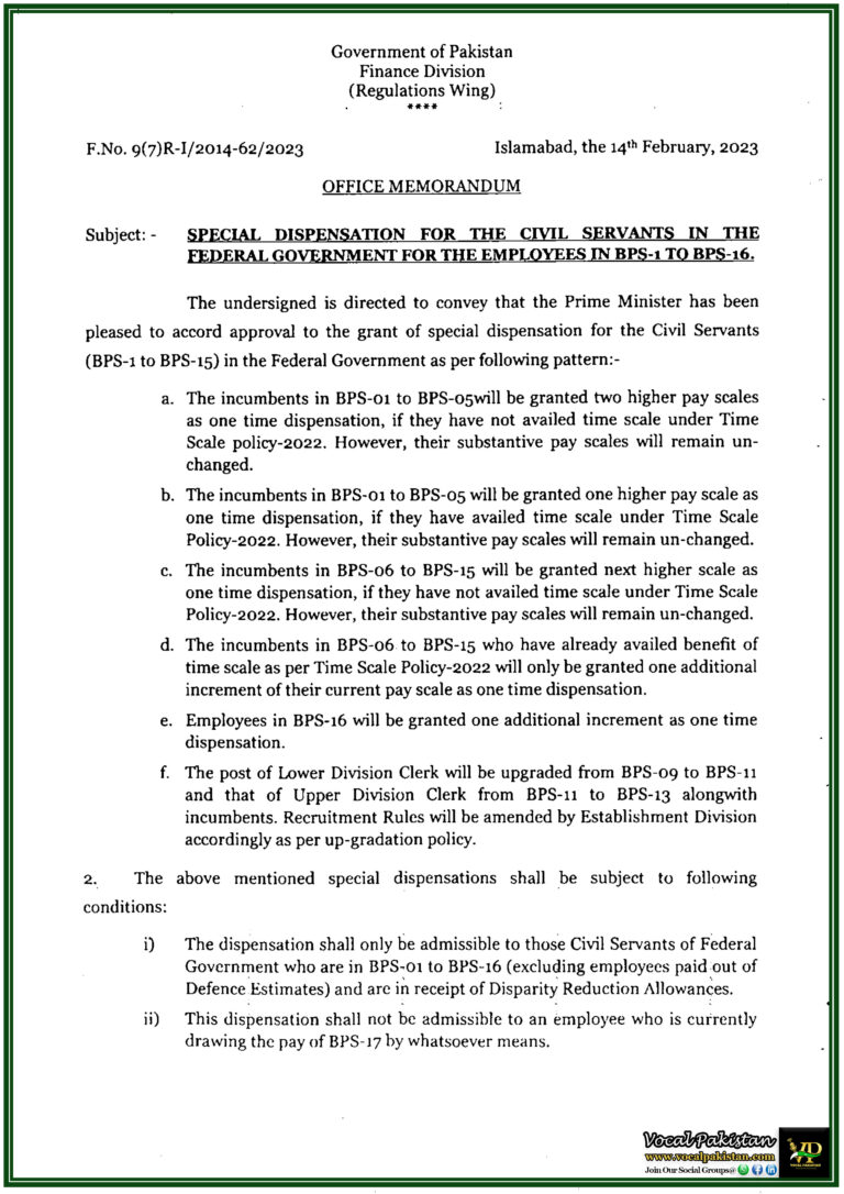 Federal Government Announces Special Dispensation for the Civil Servant in the Federal Government for the Employees in BPS-01 to BPS-16-Notification