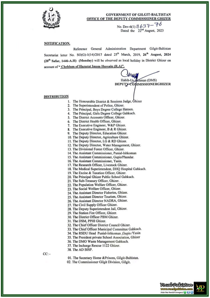 Gilgit Baltistan Government Declares Chehlum Holiday in Ghizer District