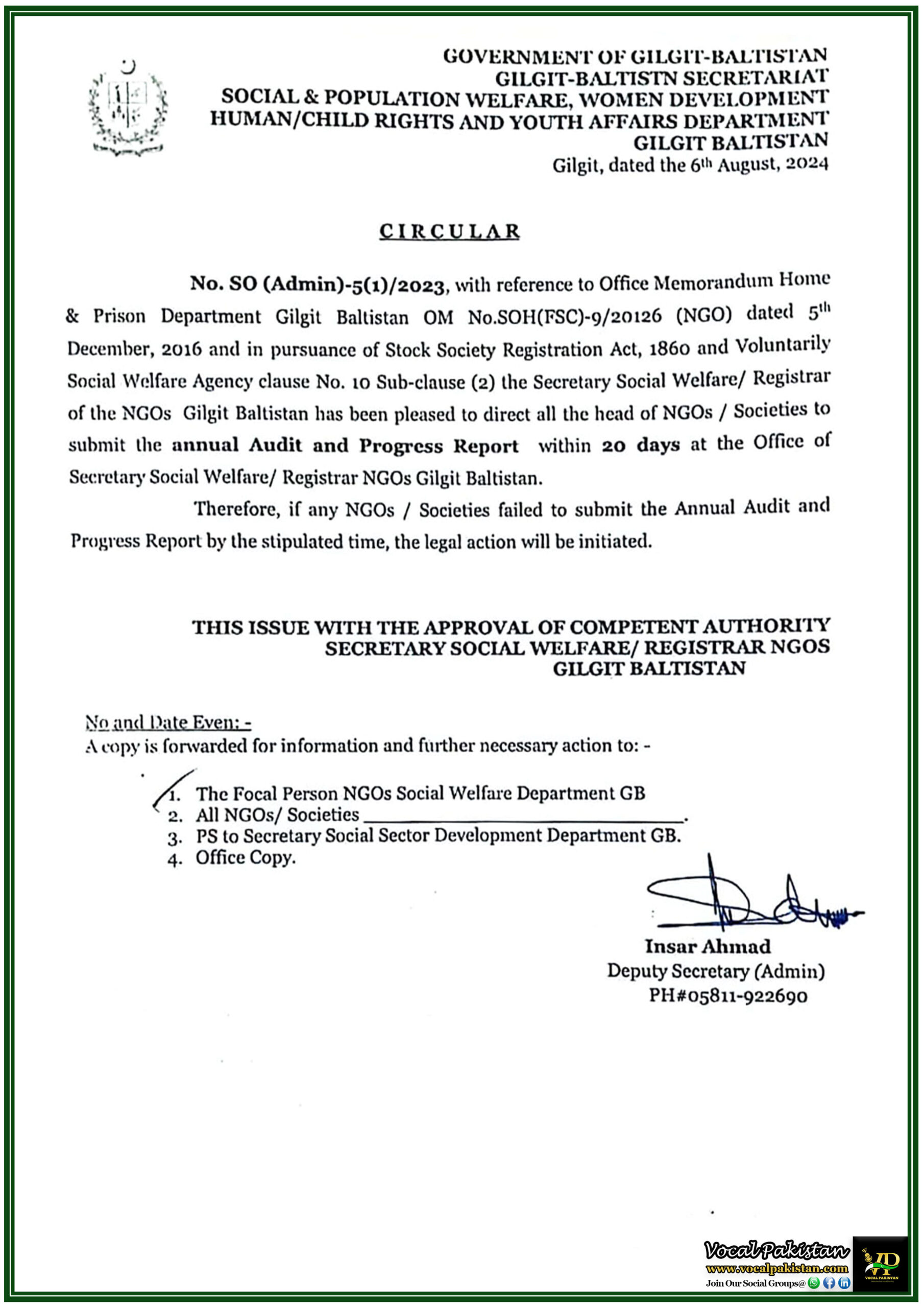 Gilgit Baltistan 10 Gilgit Baltistan Social Welfare Department Mandates NGOs to Submit Audit and Progress Reports Within 20 Days-Notification