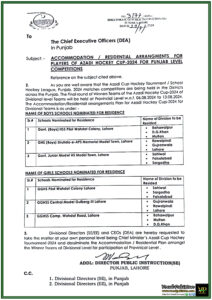 Government Of The Punjab Notification About Accommodation Residential Arrangements For Players Of Azadi Hockey Cup-2024 For Punjab Level Competitions