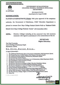 Government of Balochistan Renames Govt Boys College Hoshab, District Kech as Shaheed Zakir Baloch Govt Boys College Hoshab