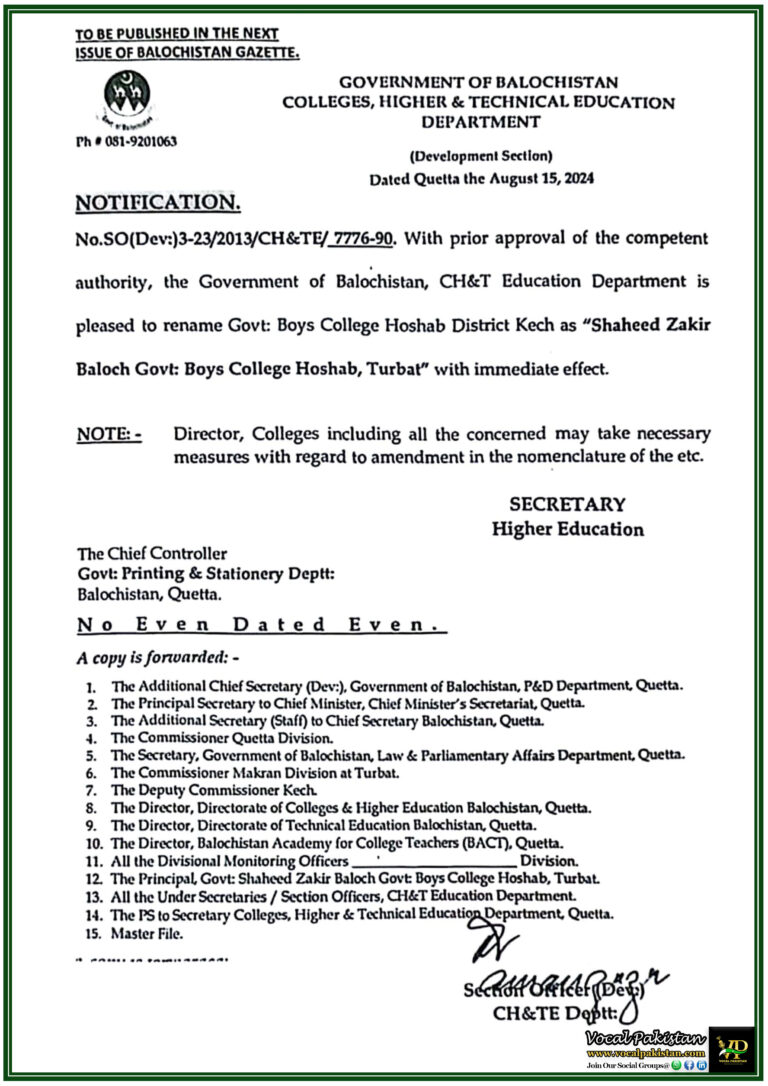 Government of Balochistan Renames Govt Boys College Hoshab, District Kech as Shaheed Zakir Baloch Govt Boys College Hoshab