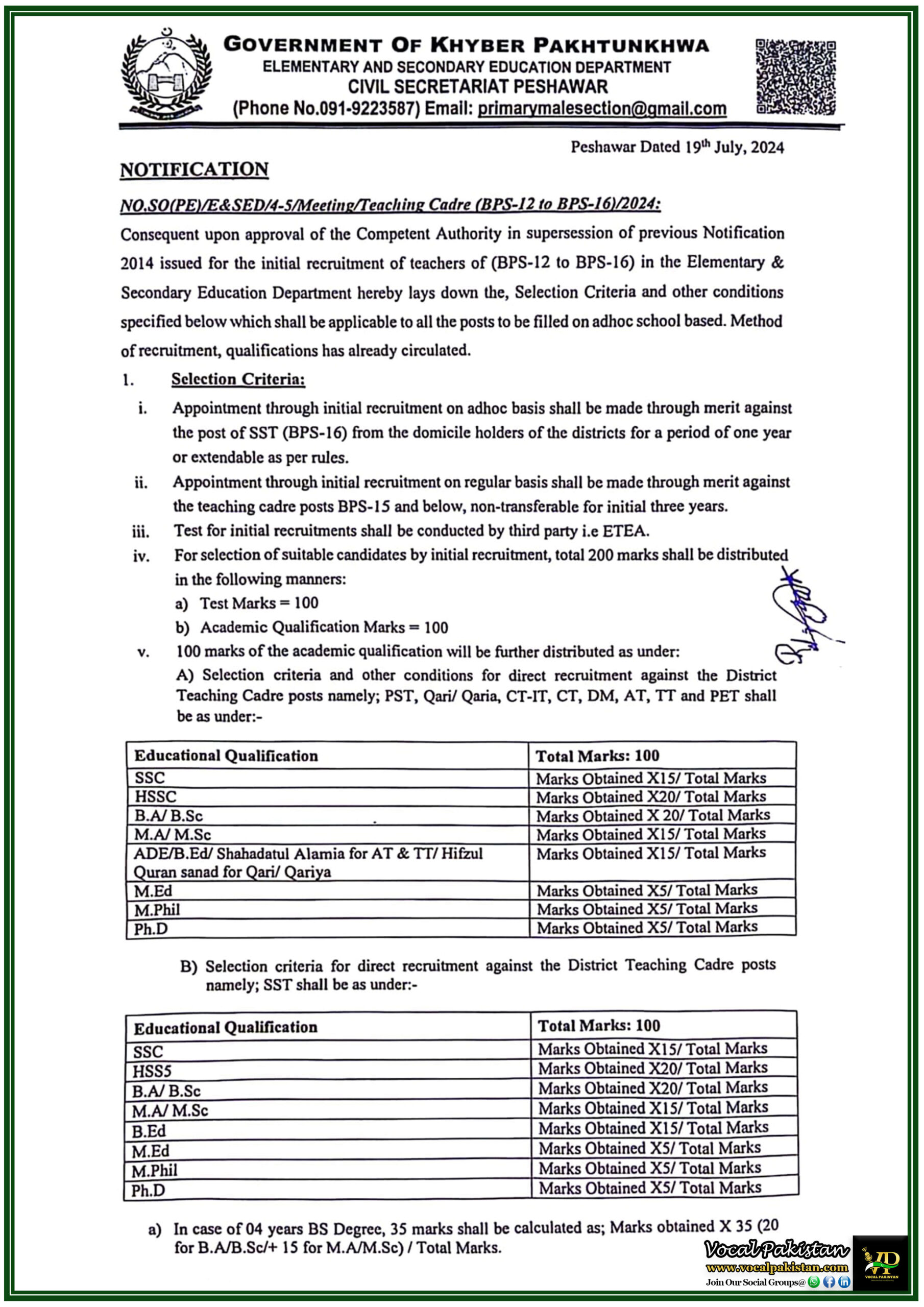 Rule & Regulation 3 Government of Khyber Pakhtunkhwa Announces Teaching Cadre Policy for Appointment BPS-12 to BPS-16-Notification