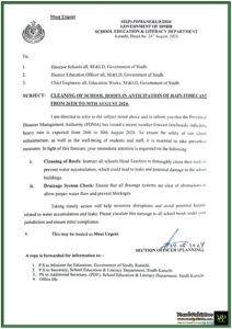 Government of Sindh Issues Immediate Directive for School Roof Cleaning Ahead of Expected Heavy Rain-Notification