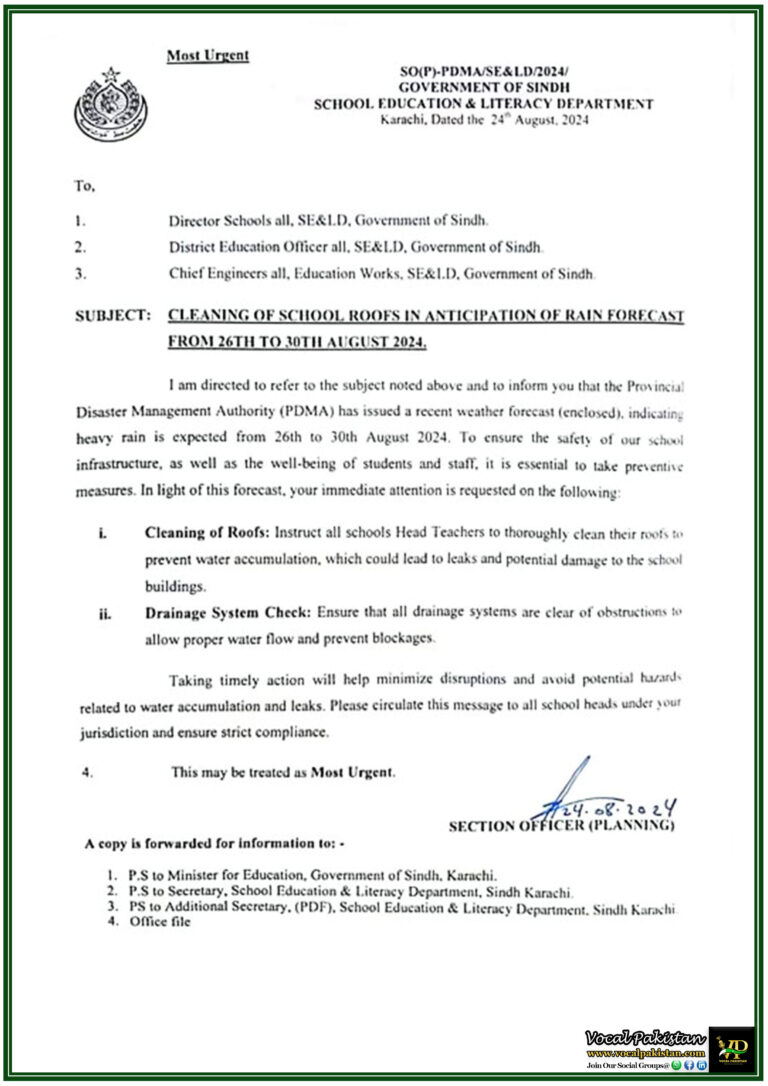 Government of Sindh Issues Immediate Directive for School Roof Cleaning Ahead of Expected Heavy Rain-Notification