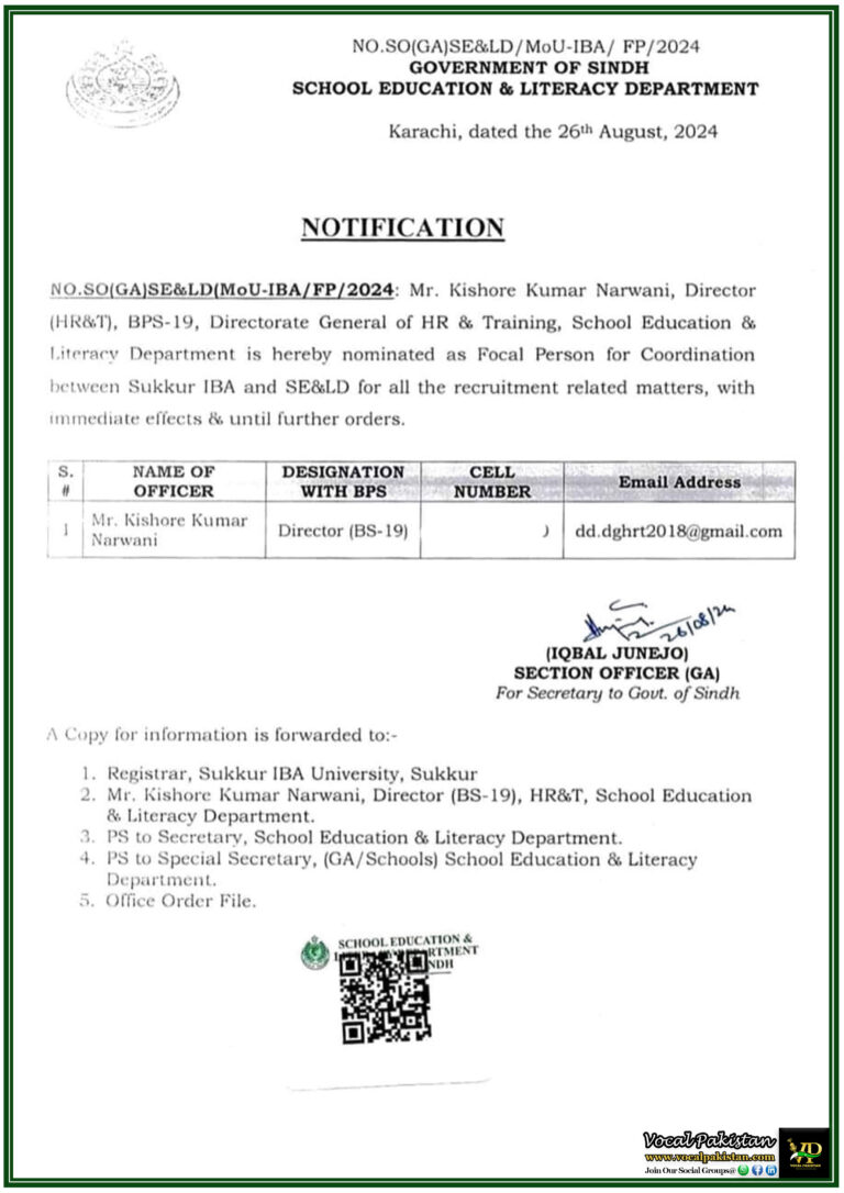 Government of Sindh Nominates Director HR&T as Liaison Officer for SE&LD and Sukkur IBA Recruitment Affairs-Notification