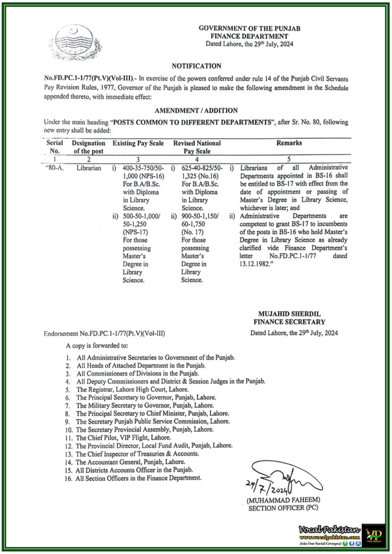 Government of The Punjab Notification Regarding Promotion of Librarian BS16 to-BS-17-Notification