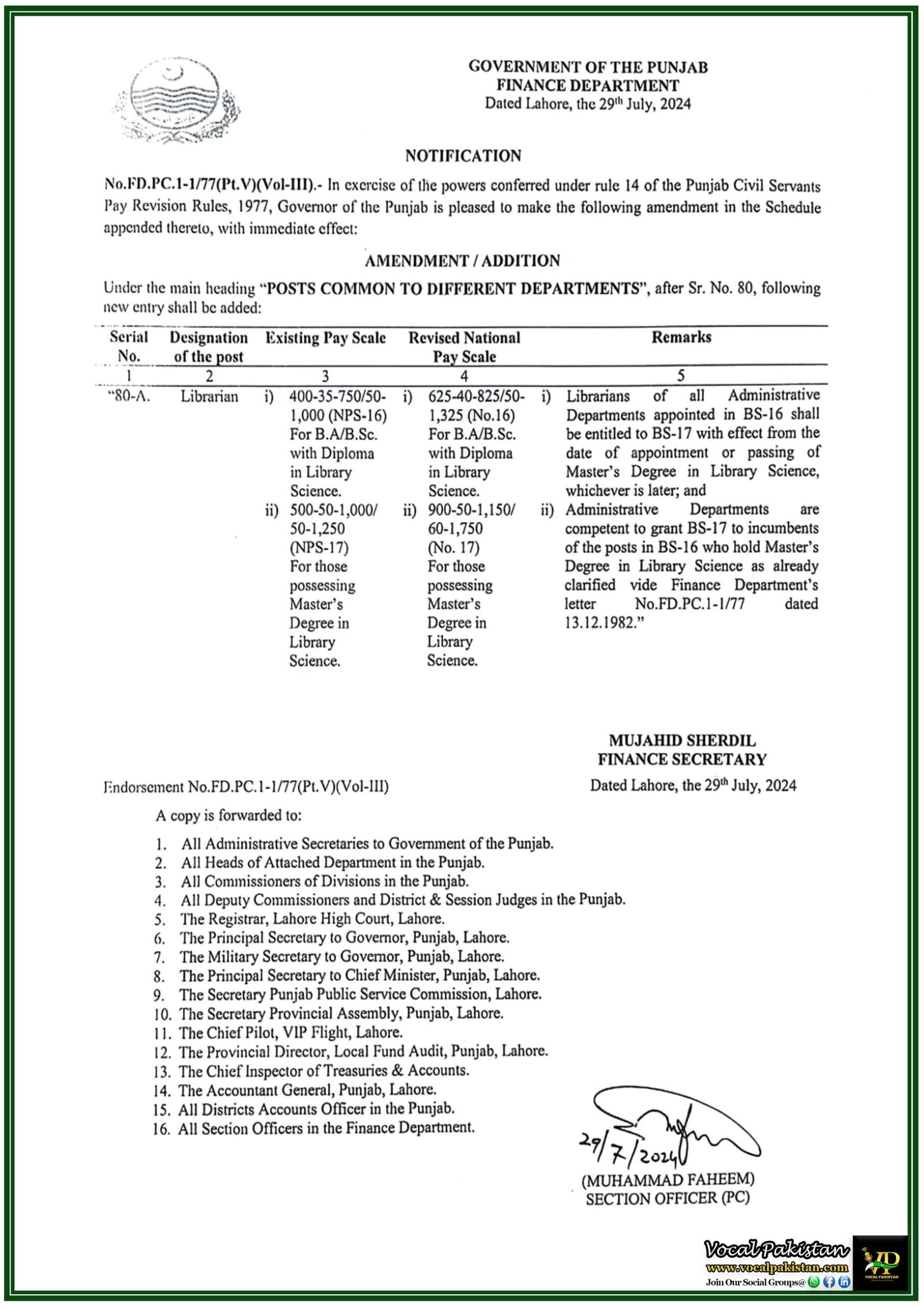 Government of The Punjab Notification Regarding Promotion of Librarian BS16 to-BS-17-Notification