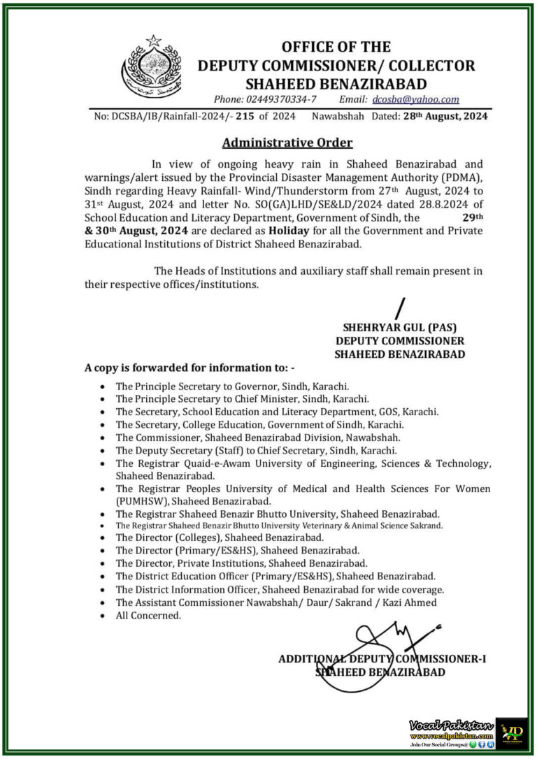 Heavy Rainfall Prompts School Closures in Shaheed Benazirabad District Declares Holidays on 29th & 30th August 2024-Notification