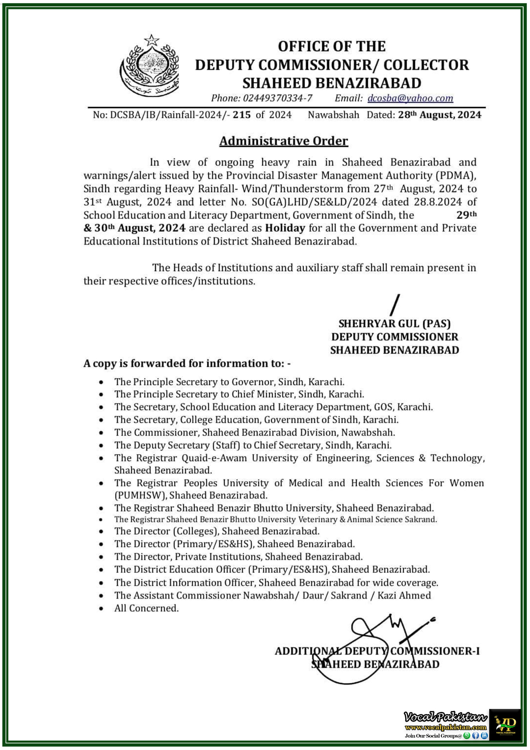 Local Holiday 1 Heavy Rainfall Prompts School Closures in Shaheed Benazirabad District Declares Holidays on 29th & 30th August 2024-Notification