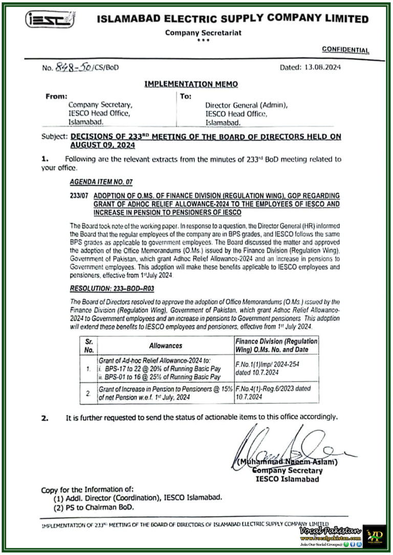 IESCO BOD Approves Employees and Pensioners Adhoc Relief Allowance and Pension Increase Effective July 2024-Notification