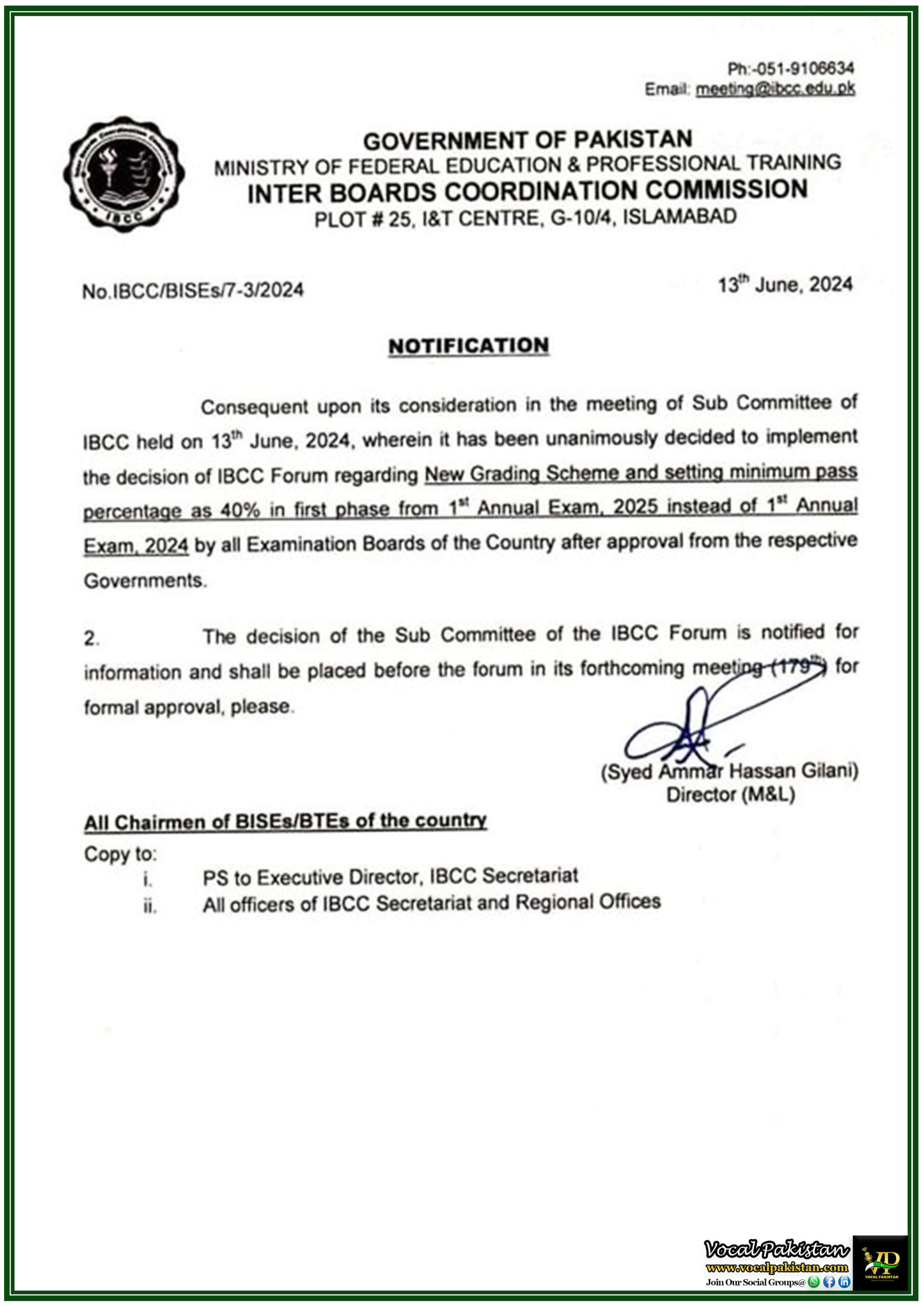 Federal 2 Inter Boards Coordination Commission Announces Implementation Of New Grading Scheme Delayed Minimum Pass Percentage Set At 40% For 2025 Exams-Notification