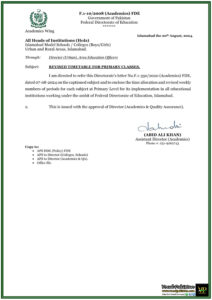Islamabad Model Schools Get Updated Primary Class Timetable – Federal Directorate of Education's Latest Notification