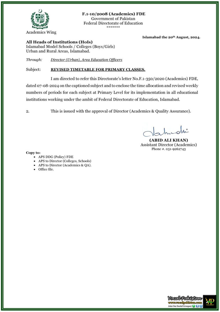 Islamabad Model Schools Get Updated Primary Class Timetable – Federal Directorate of Education's Latest Notification