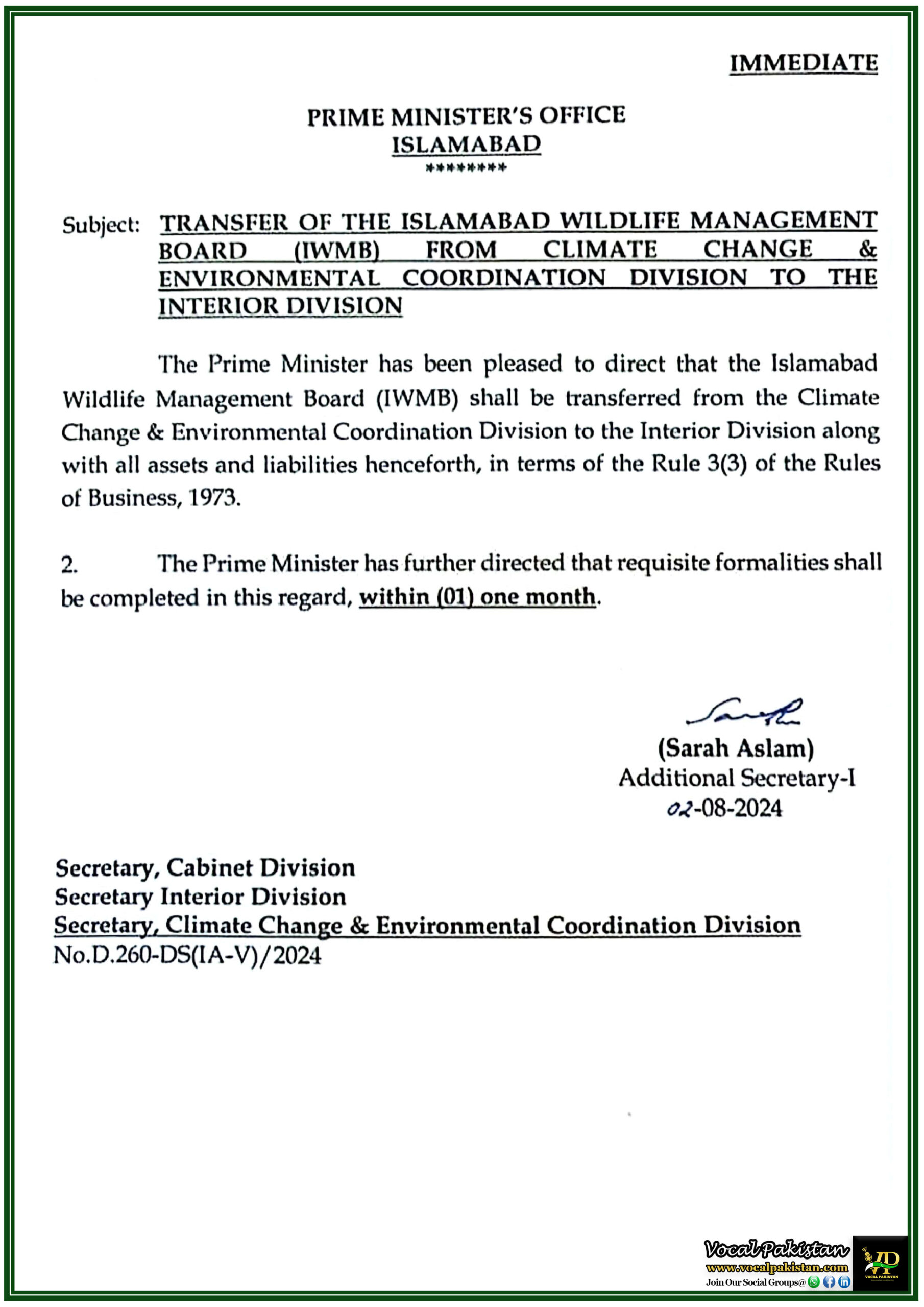 Federal 3 Islamabad Wildlife Board Shifts from Climate Change Division to Interior Division Prime Minister Office’s Directive-Notification