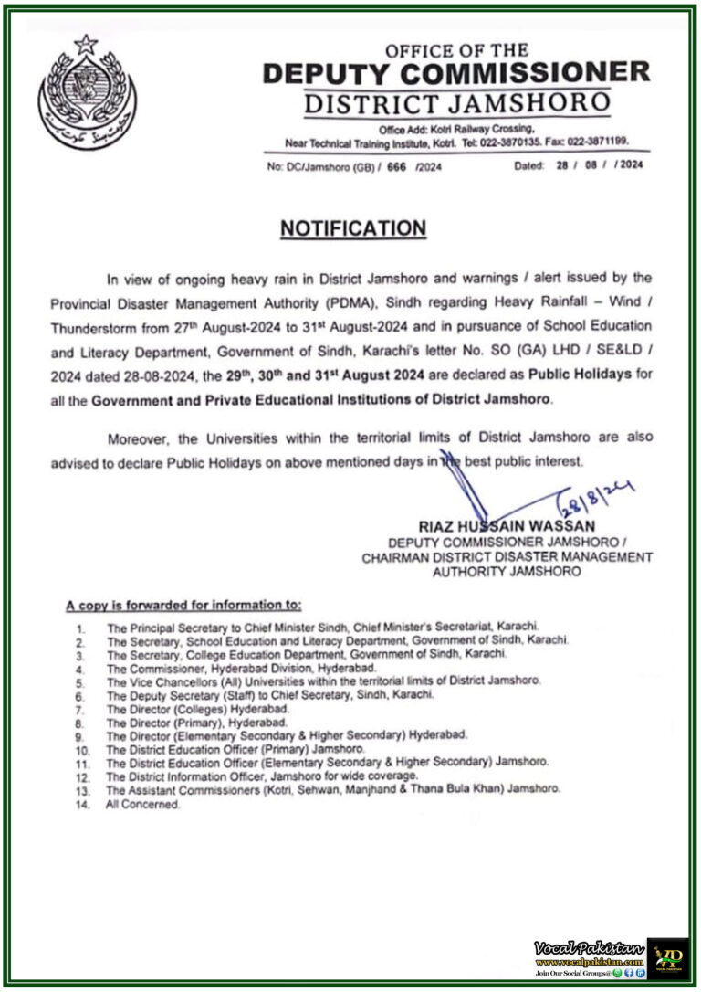 Jamshoro District Declares Schools, Colleges and Universities Local Holidays Amid Heavy Rain Warning on 29th to 31st August 2024-Notification