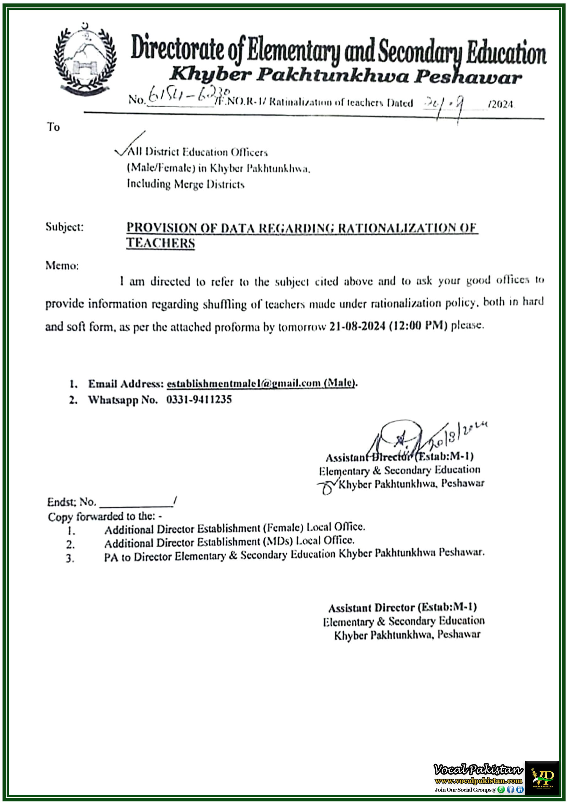 KPK 2 KPK Education Department Mandates Immediate Submission of Teacher Rationalization Data by August 21st, 2024-Notification