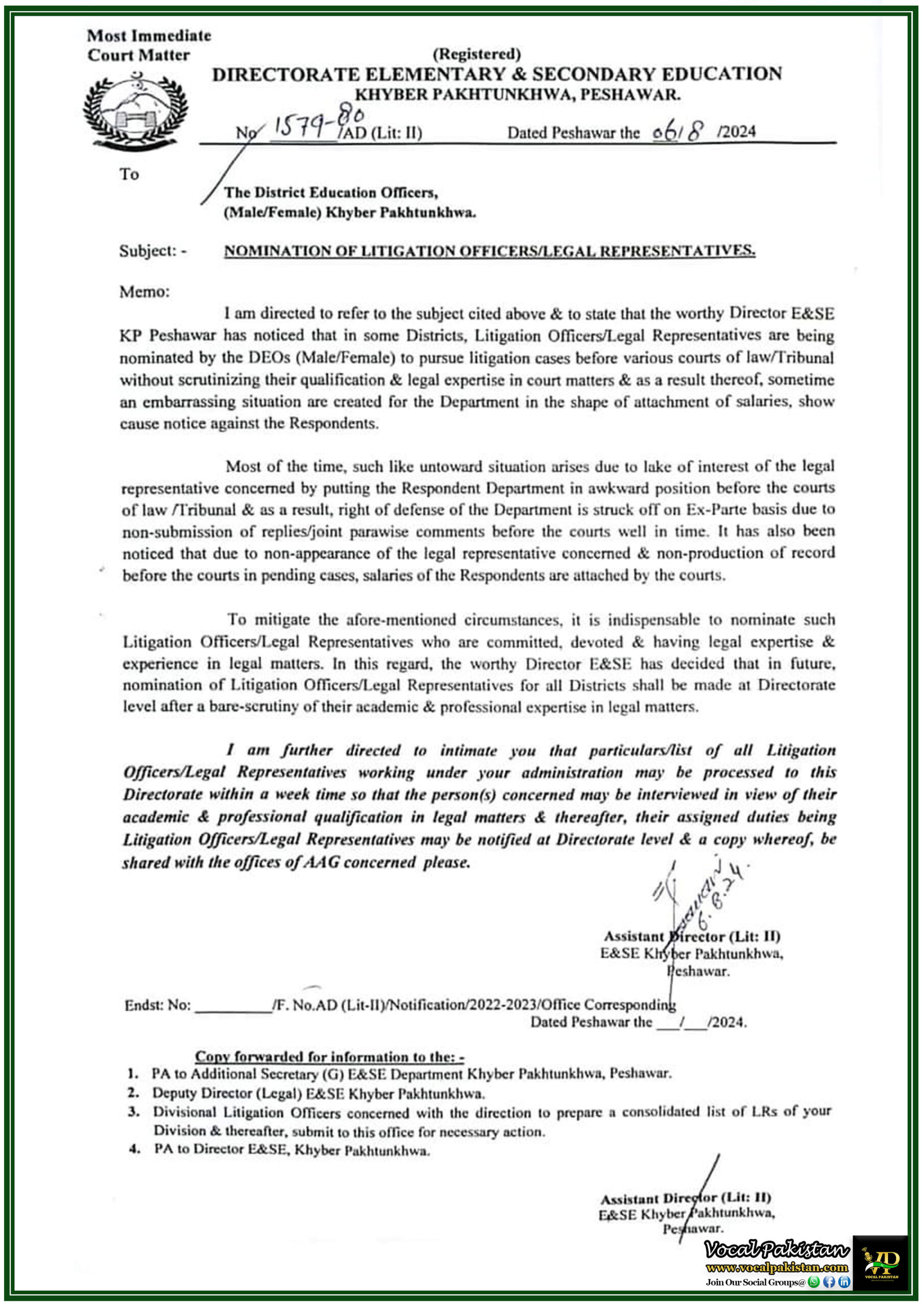 Khyber Pakhtunkhwa Directorate of Education Constricts Nomination Process for Litigation Officers to Avoid Legal Setbacks-Notification